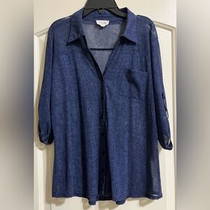 Siren Lily Women’s Dark Blue Semi Sheer V-Neck Roll Tab Sleeves Blouse Top Med